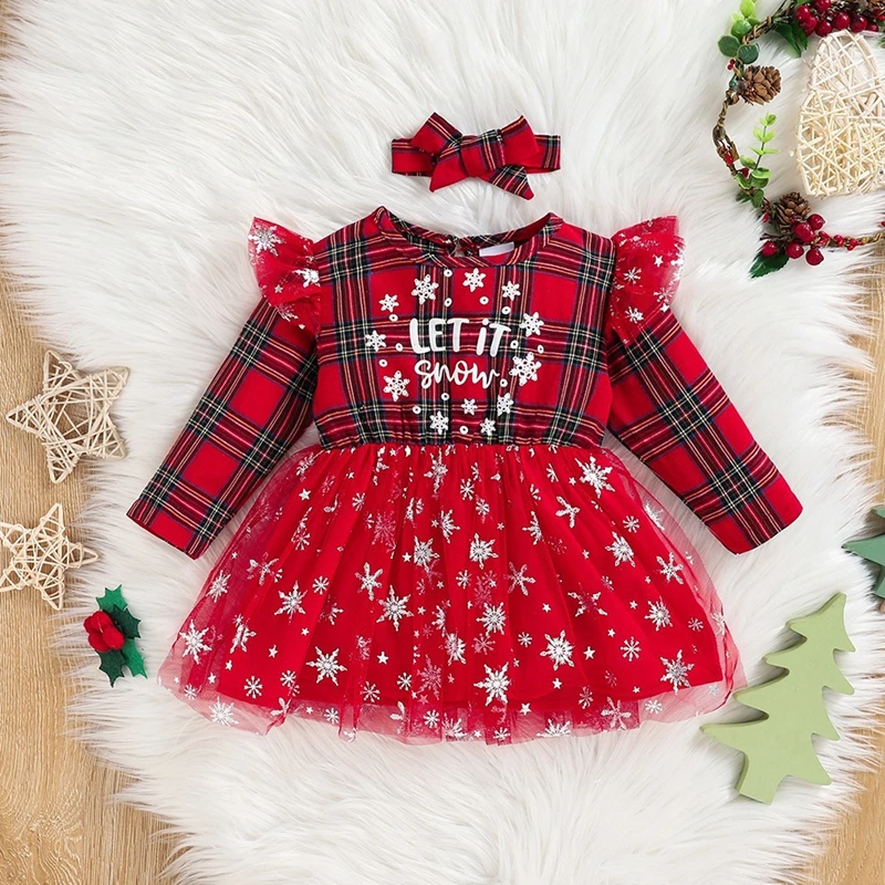 Autumn Winter Baby Girls Fashion Xmas Dresses Puffy Tutu Fly Long Sleeve Snowflake Print Sequined Princess Dress Costumes 6-24M