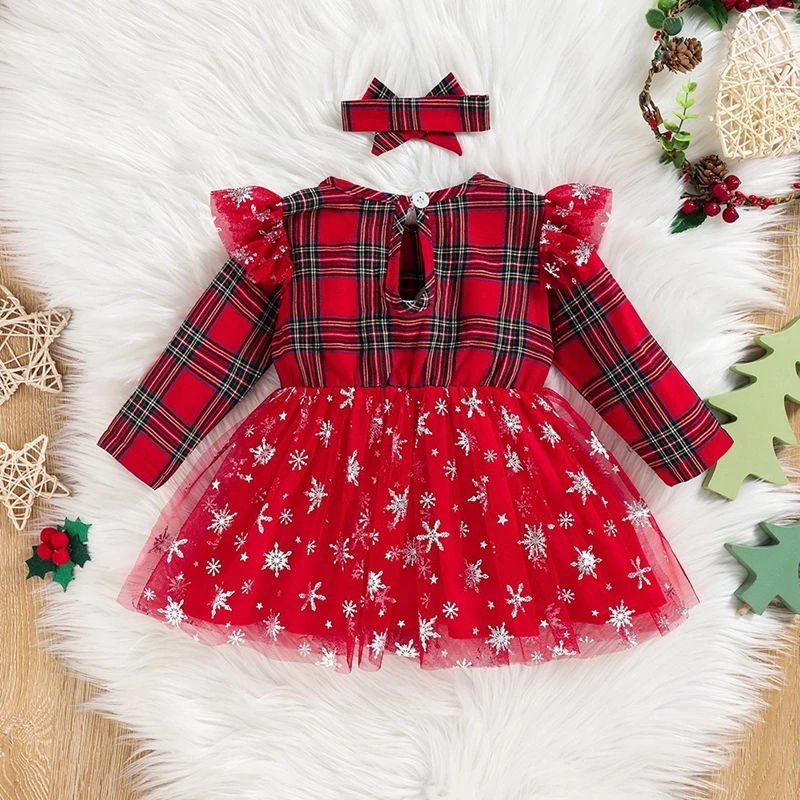 Autumn Winter Baby Girls Fashion Xmas Dresses Puffy Tutu Fly Long Sleeve Snowflake Print Sequined Princess Dress Costumes 6-24M