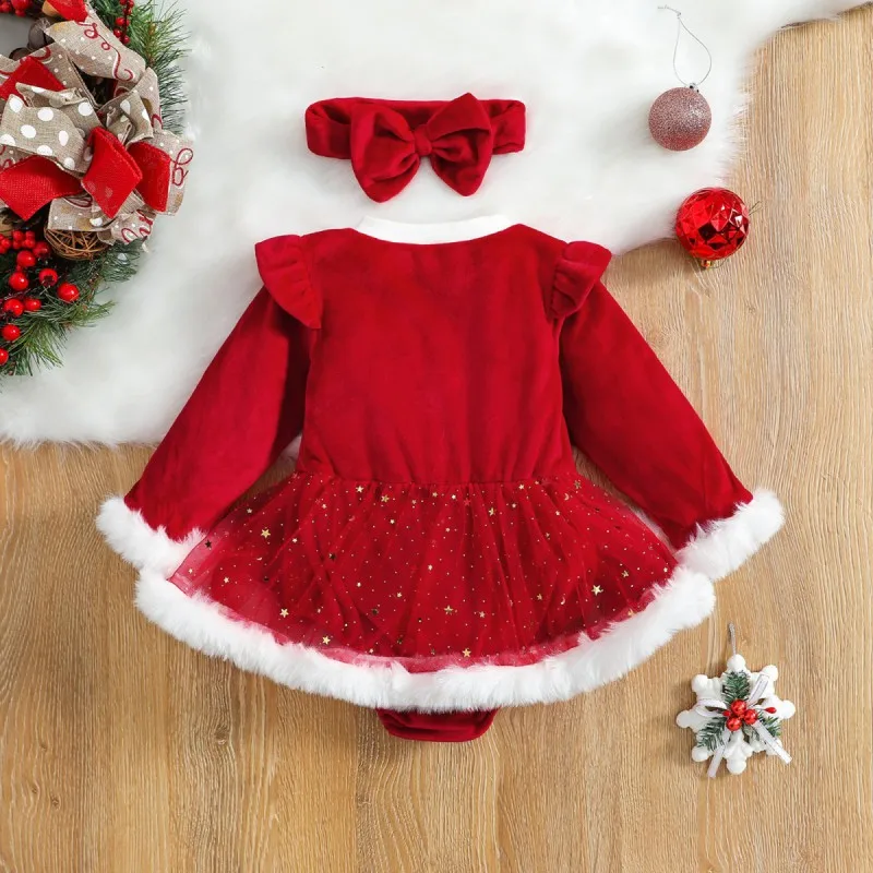 Christmas Baby Red Romper Dress Newborn Infant Girl Velvet Ruffle Mesh Star Glitter Dresses Headband Toddler Xmas 2Pcs Costumes