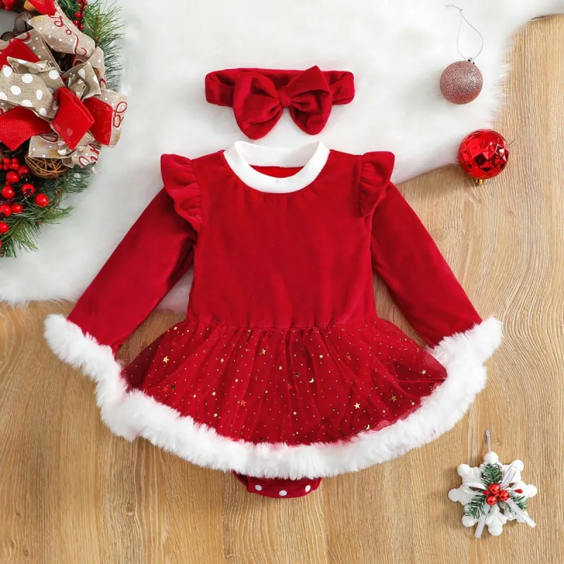 Christmas Baby Red Romper Dress Newborn Infant Girl Velvet Ruffle Mesh Star Glitter Dresses Headband Toddler Xmas 2Pcs Costumes