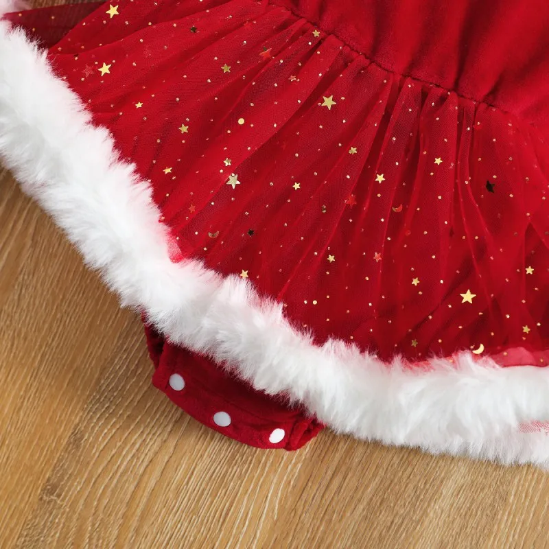 Christmas Baby Red Romper Dress Newborn Infant Girl Velvet Ruffle Mesh Star Glitter Dresses Headband Toddler Xmas 2Pcs Costumes