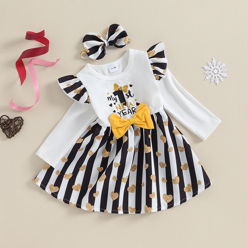 Toddler Girl 2-Piece Birthday Dress Set with Heart Print Long Sleeve Bow Front and Matching Headband - Newborn Party Outfit