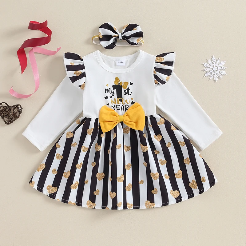 Toddler Girl 2-Piece Birthday Dress Set with Heart Print Long Sleeve Bow Front and Matching Headband - Newborn Party Outfit