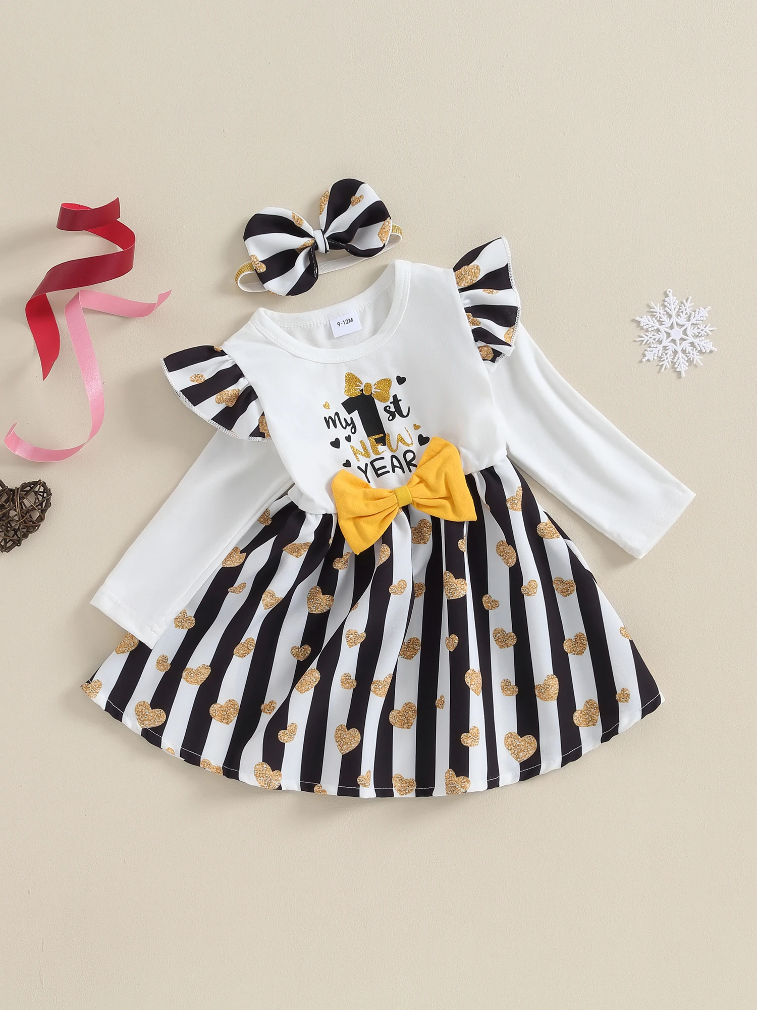 Toddler Girl 2-Piece Birthday Dress Set with Heart Print Long Sleeve Bow Front and Matching Headband - Newborn Party Outfit