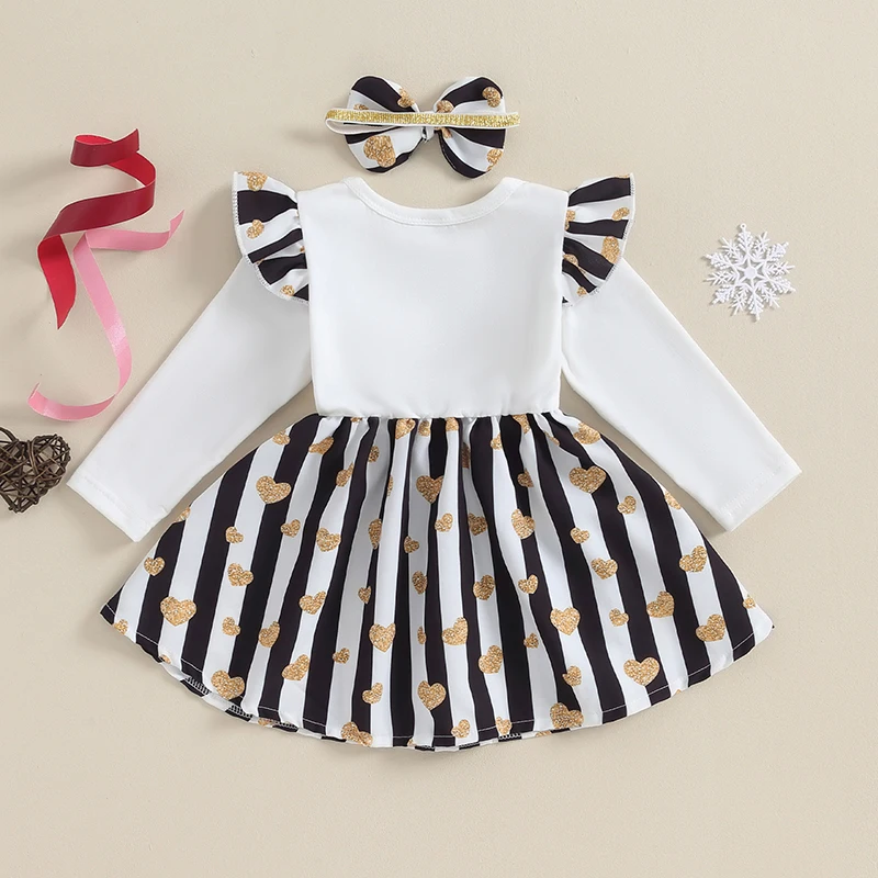 Toddler Girl 2-Piece Birthday Dress Set with Heart Print Long Sleeve Bow Front and Matching Headband - Newborn Party Outfit