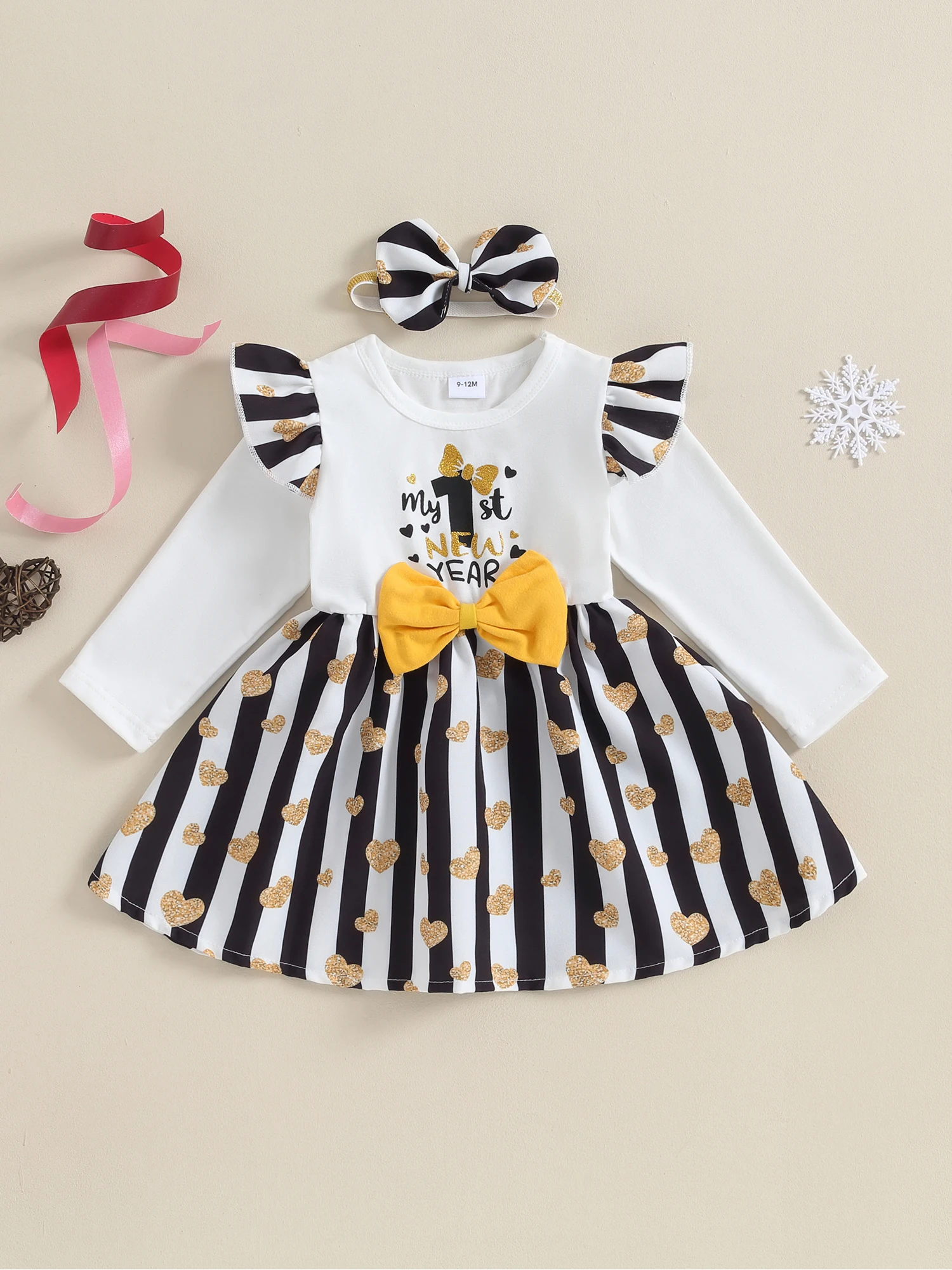 Toddler Girl 2-Piece Birthday Dress Set with Heart Print Long Sleeve Bow Front and Matching Headband - Newborn Party Outfit