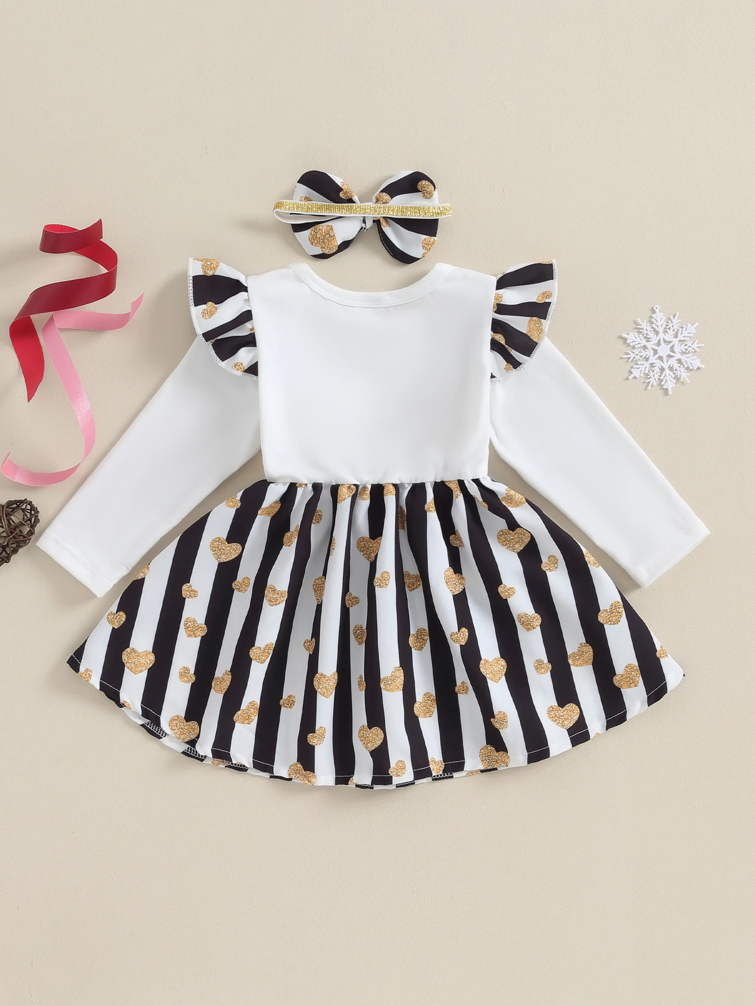 Toddler Girl 2-Piece Birthday Dress Set with Heart Print Long Sleeve Bow Front and Matching Headband - Newborn Party Outfit