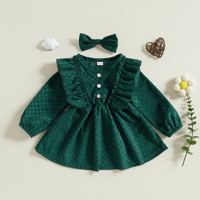 Baby Girl Winter Knit Sweater Dress with Pom Pom Detail Long Sleeve Round Neck Button A-Line Dress with Matching Headband