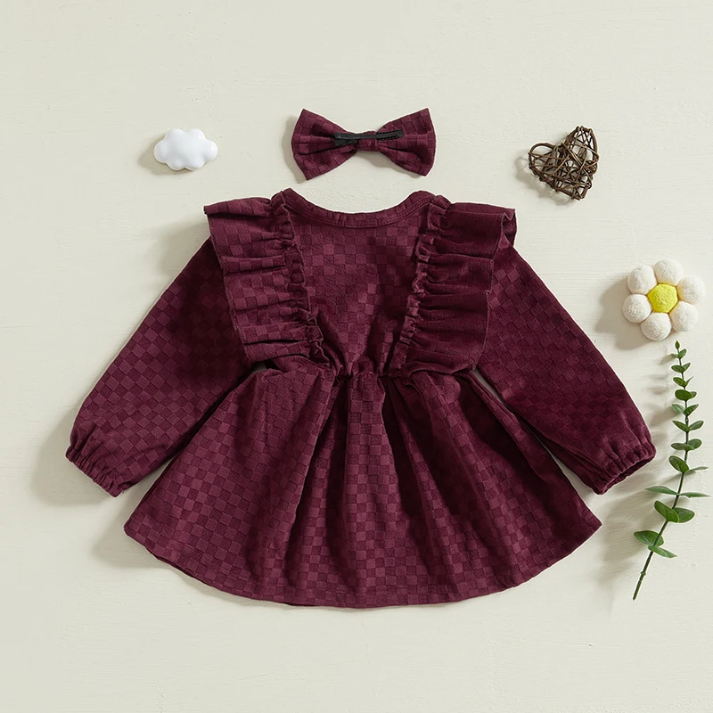 Baby Girl Winter Knit Sweater Dress with Pom Pom Detail Long Sleeve Round Neck Button A-Line Dress with Matching Headband