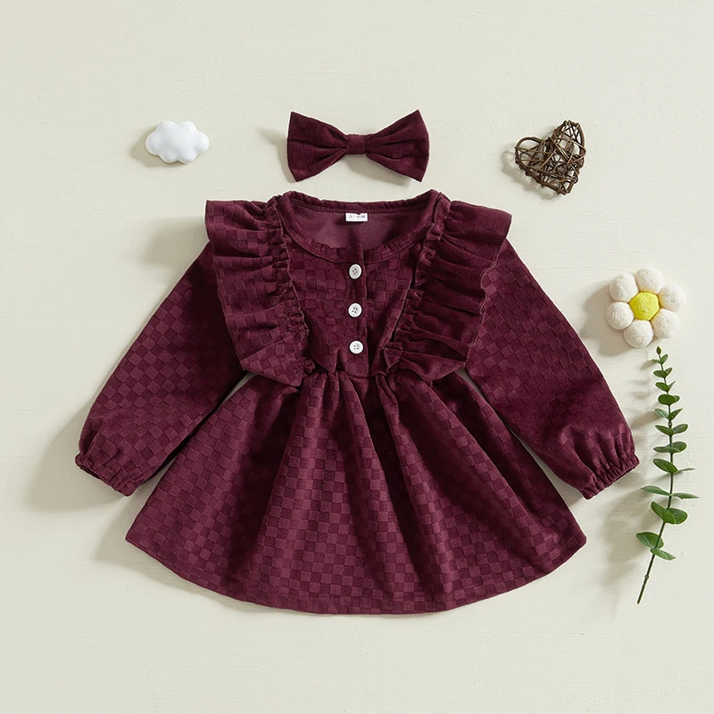 Baby Girl Winter Knit Sweater Dress with Pom Pom Detail Long Sleeve Round Neck Button A-Line Dress with Matching Headband