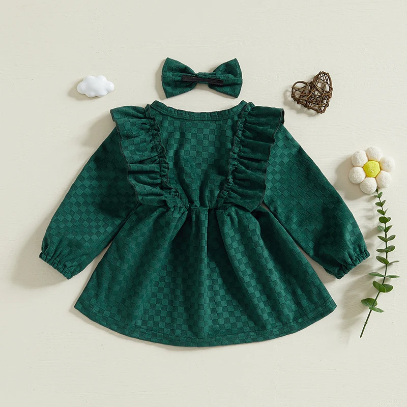 Baby Girl Winter Knit Sweater Dress with Pom Pom Detail Long Sleeve Round Neck Button A-Line Dress with Matching Headband