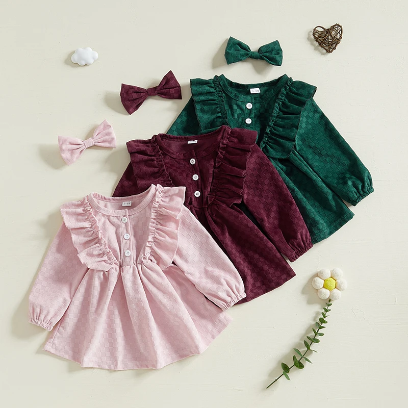 Baby Girl Winter Knit Sweater Dress with Pom Pom Detail Long Sleeve Round Neck Button A-Line Dress with Matching Headband