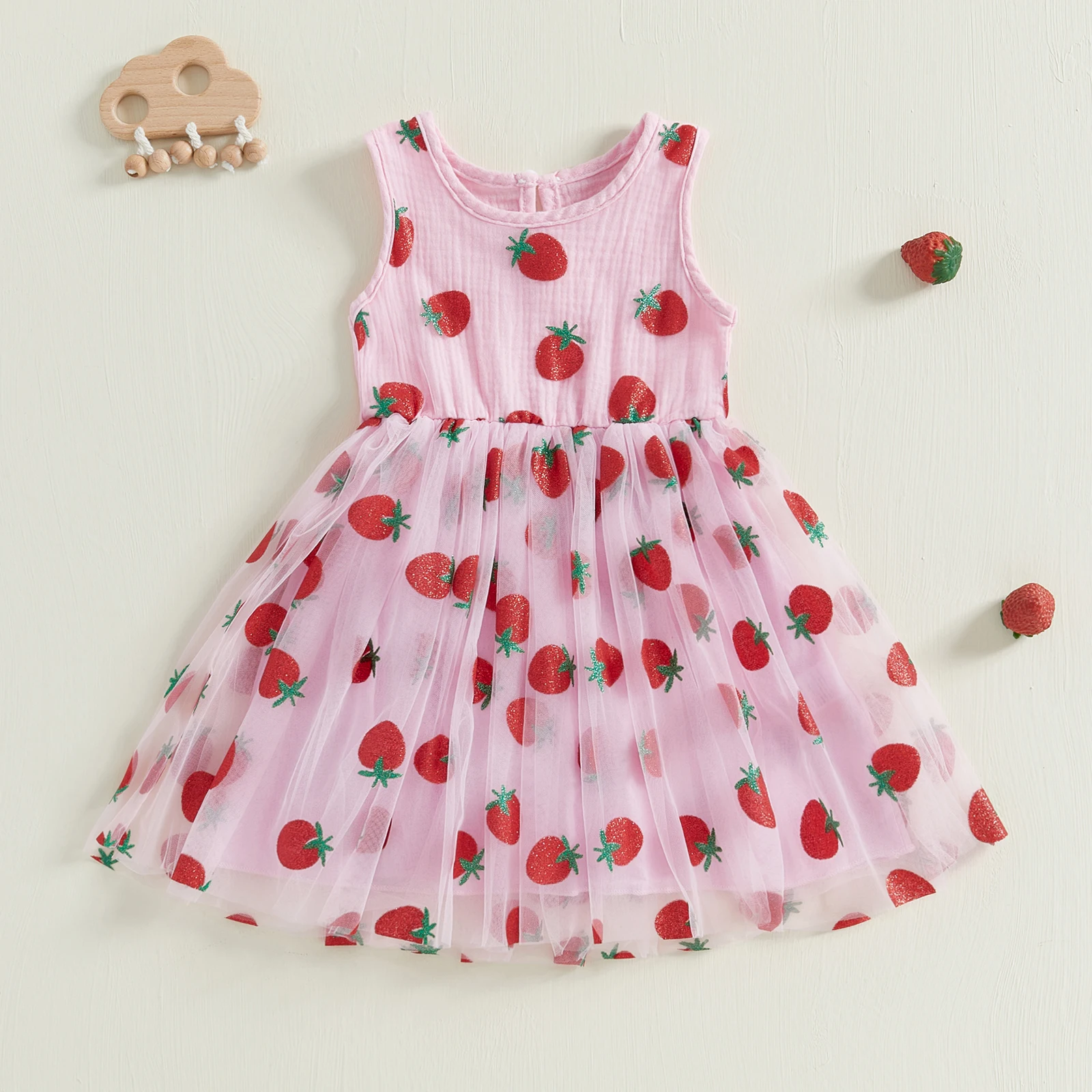 Infant Baby Girls Sleeveless Floral Birthday Dress Princess Children Strawberry Print Layered Mesh Summer Fluffy Dresses Clothes