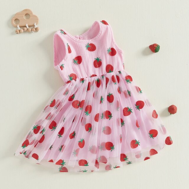 Infant Baby Girls Sleeveless Floral Birthday Dress Princess Children Strawberry Print Layered Mesh Summer Fluffy Dresses Clothes