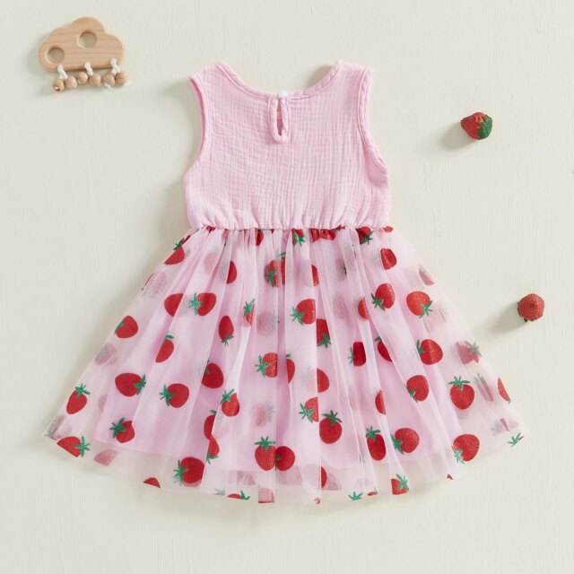 Infant Baby Girls Sleeveless Floral Birthday Dress Princess Children Strawberry Print Layered Mesh Summer Fluffy Dresses Clothes - Image 4