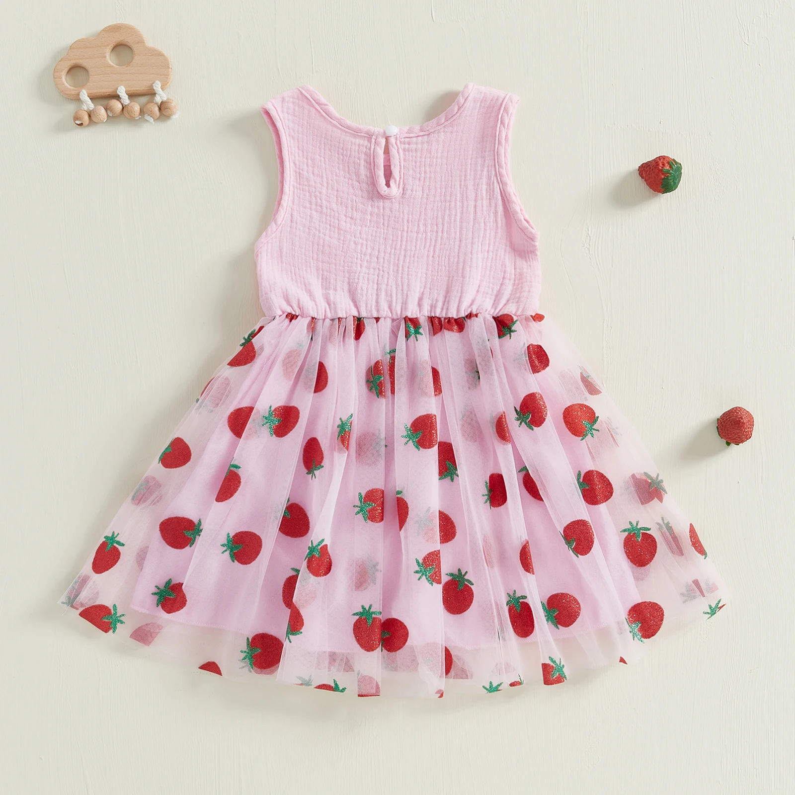 Infant Baby Girls Sleeveless Floral Birthday Dress Princess Children Strawberry Print Layered Mesh Summer Fluffy Dresses Clothes