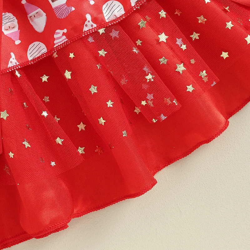 Toddler Girls Adorable Christmas Dress with Ruffled Sleeves and Reindeer Print Tulle Skirt for Holiday Party