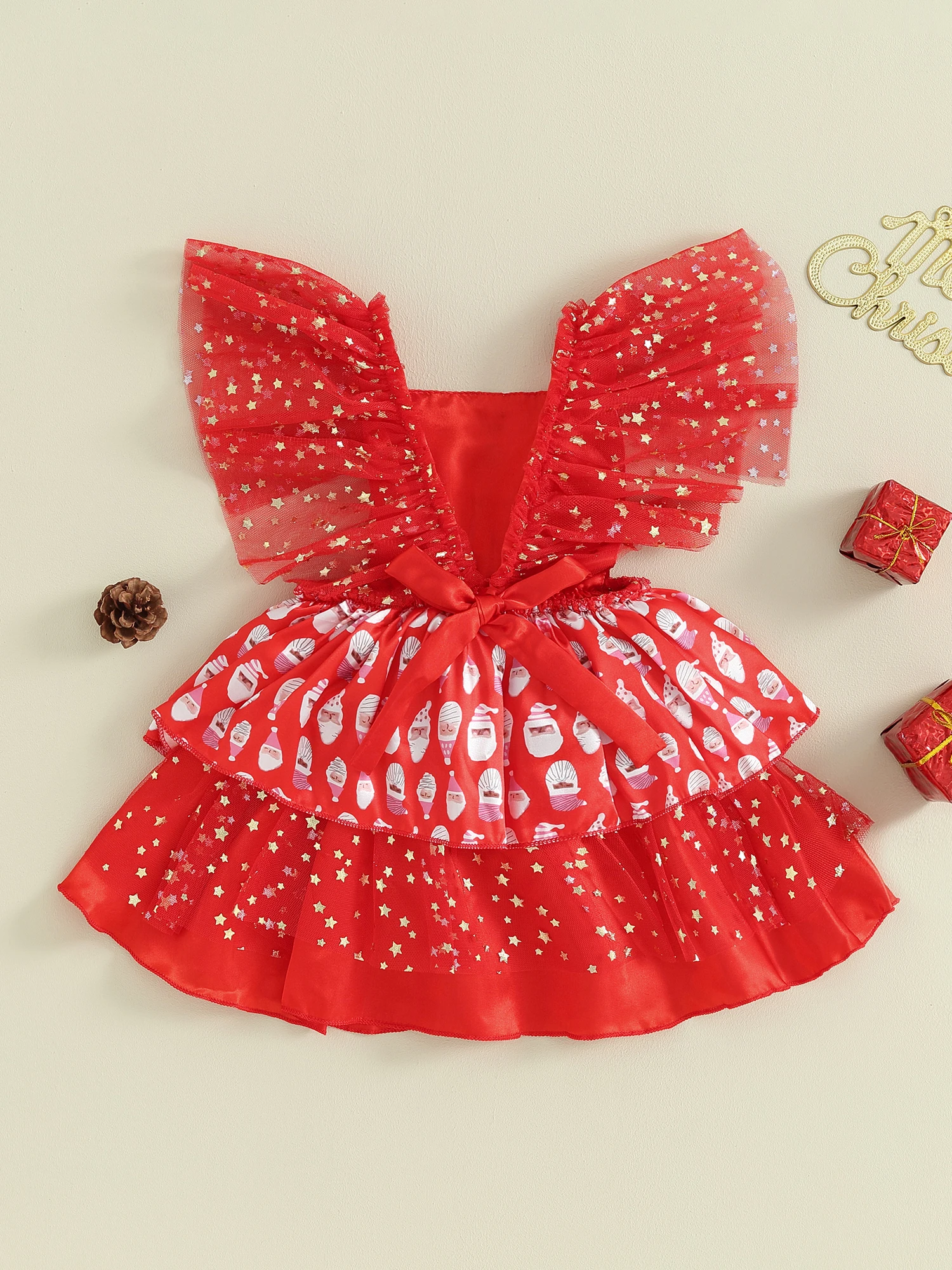 Toddler Girls Adorable Christmas Dress with Ruffled Sleeves and Reindeer Print Tulle Skirt for Holiday Party