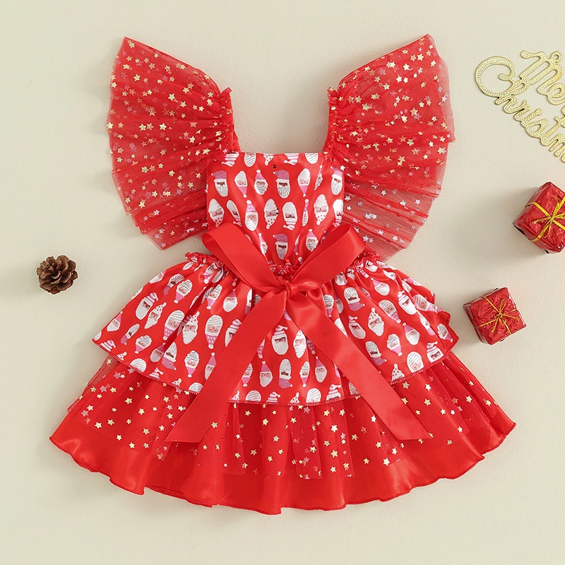 Toddler Girls Adorable Christmas Dress with Ruffled Sleeves and Reindeer Print Tulle Skirt for Holiday Party