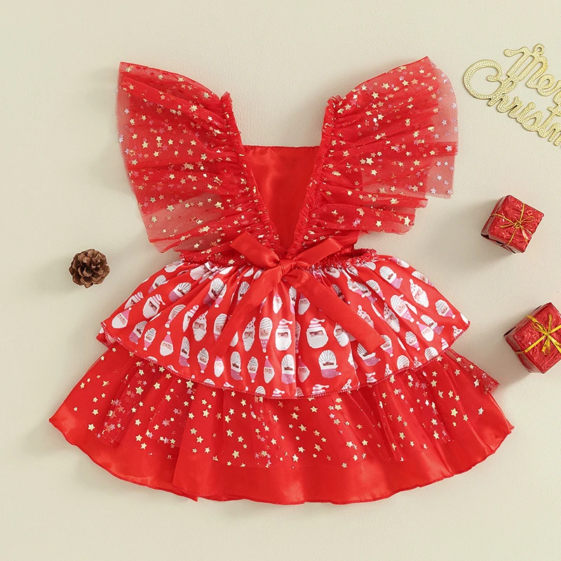 Toddler Girls Adorable Christmas Dress with Ruffled Sleeves and Reindeer Print Tulle Skirt for Holiday Party