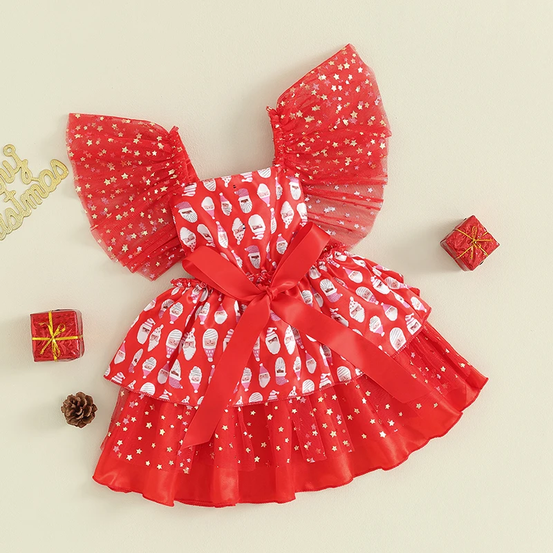 Toddler Girls Adorable Christmas Dress with Ruffled Sleeves and Reindeer Print Tulle Skirt for Holiday Party