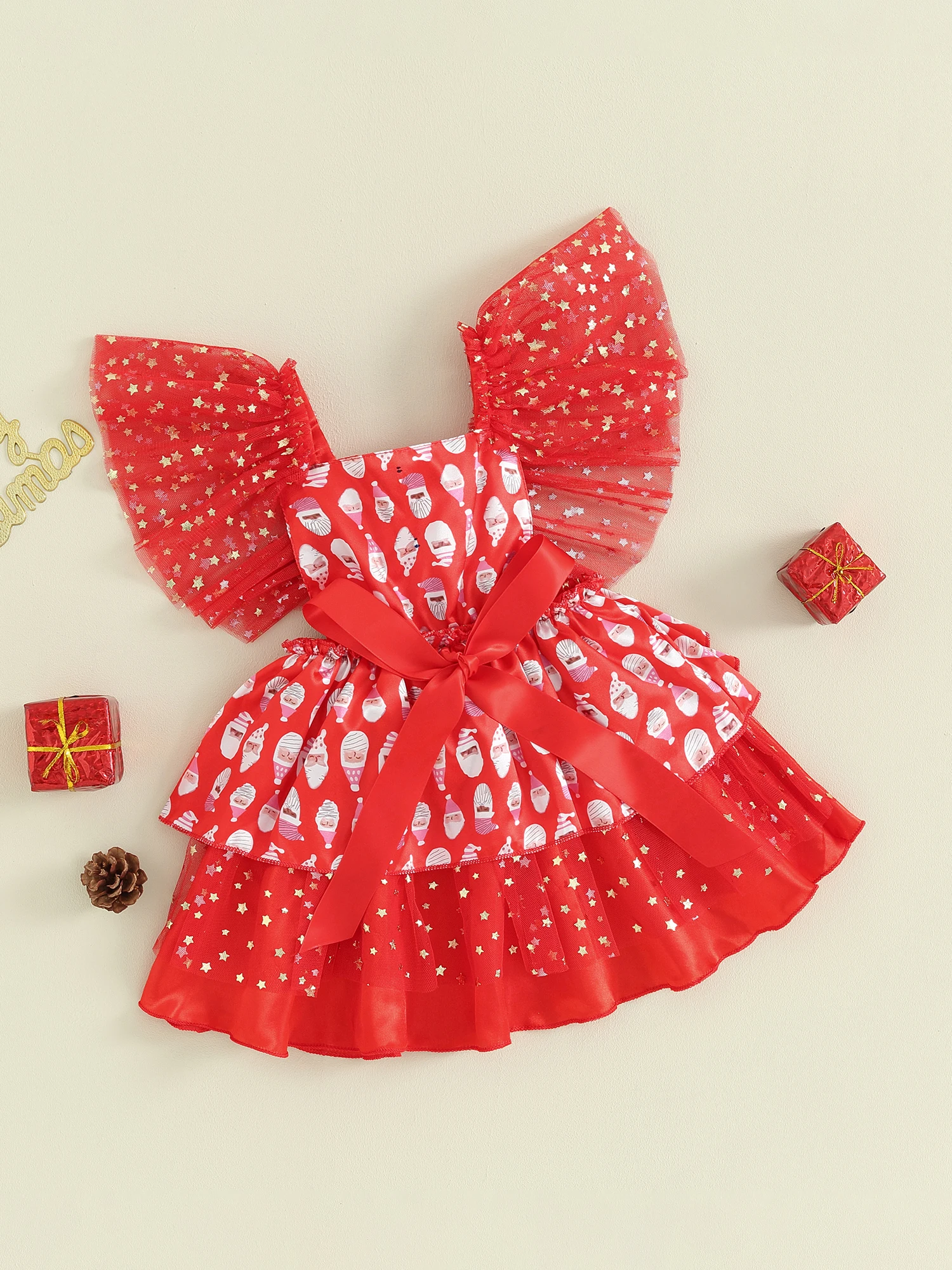 Toddler Girls Adorable Christmas Dress with Ruffled Sleeves and Reindeer Print Tulle Skirt for Holiday Party