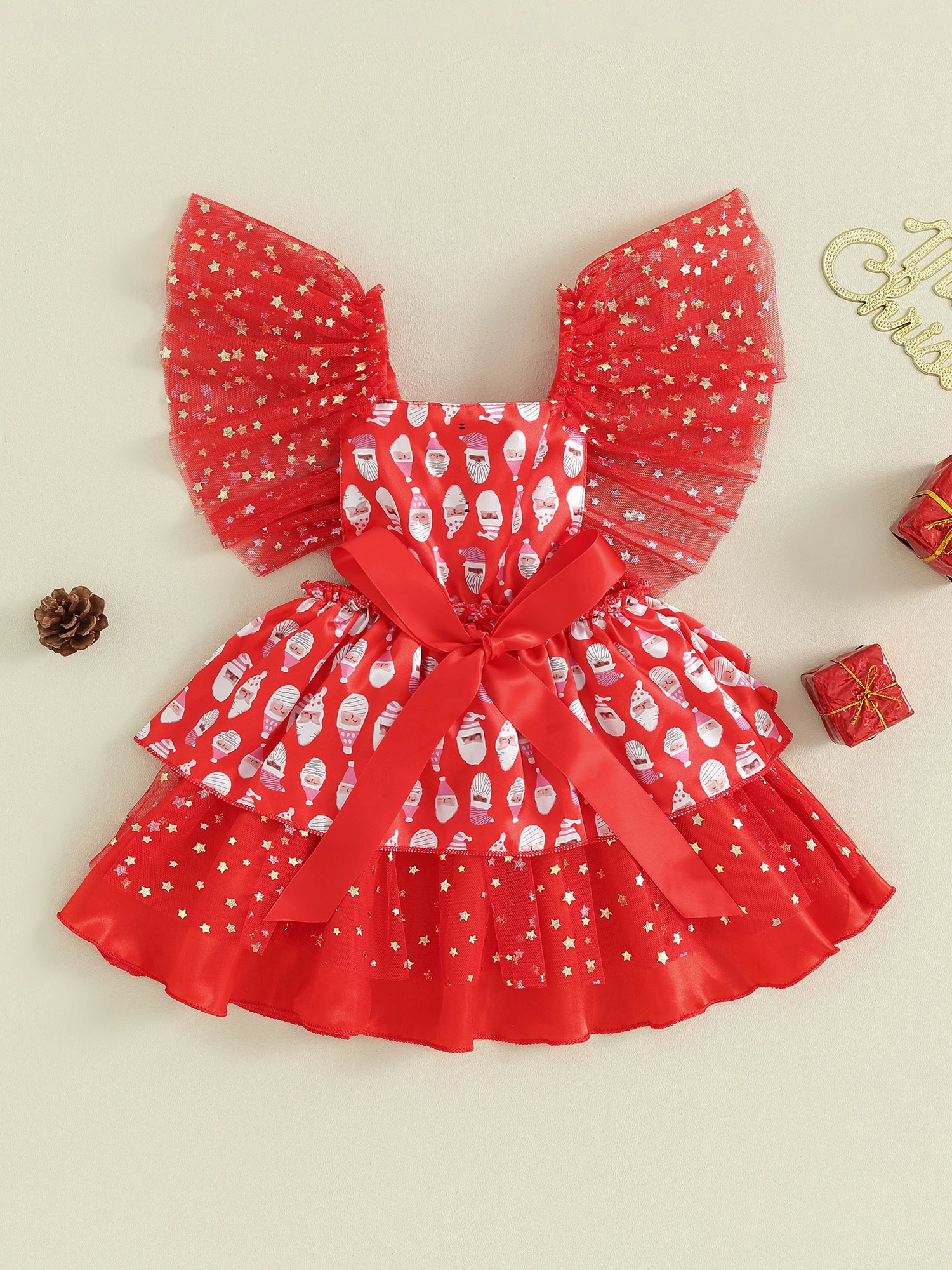 Toddler Girls Adorable Christmas Dress with Ruffled Sleeves and Reindeer Print Tulle Skirt for Holiday Party