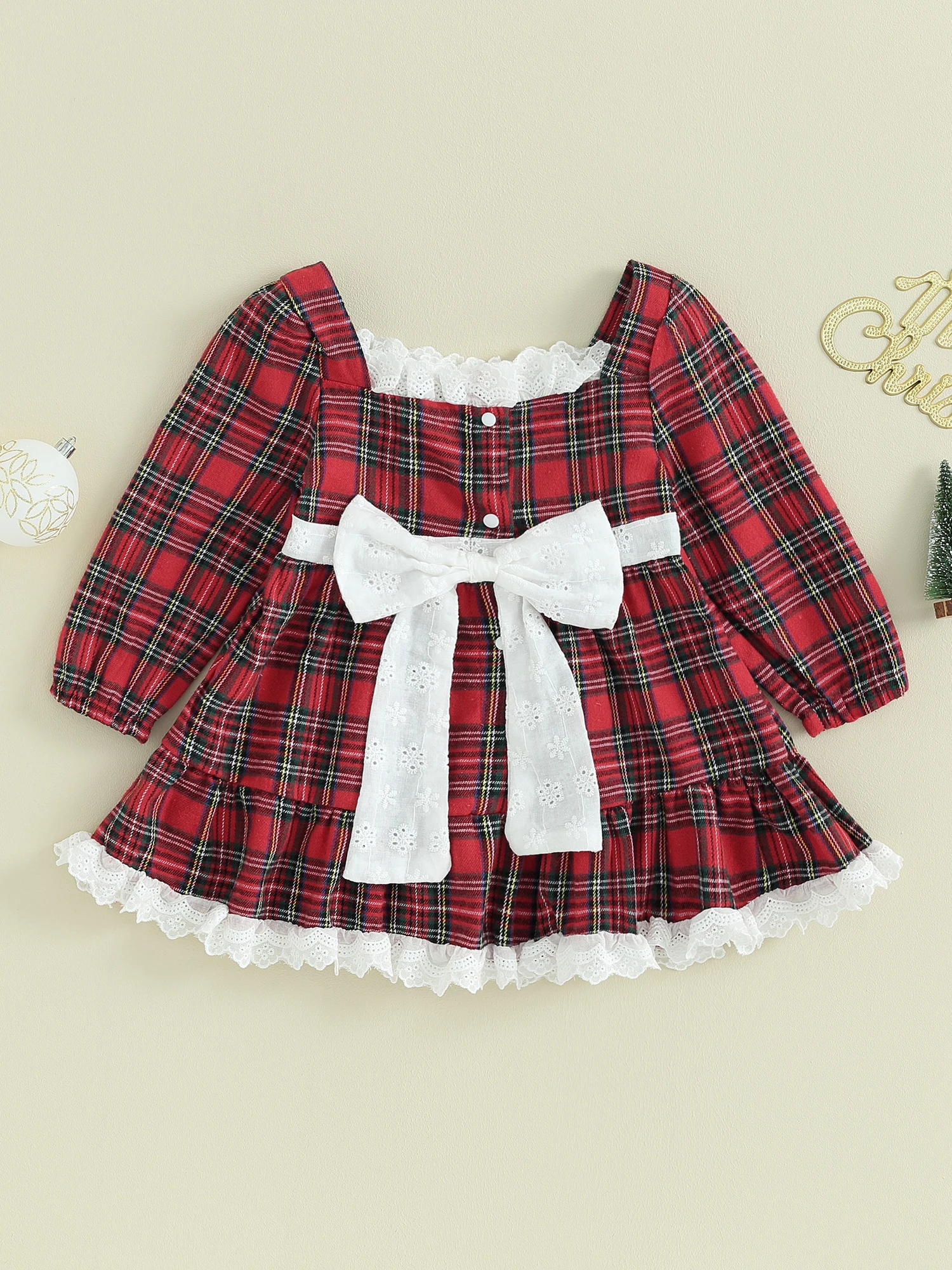 Girls Plaid Lace Trim Square Neck Long Sleeve Dress Autumn Fashion Casual Princess Dress for Kids Fall Outfit