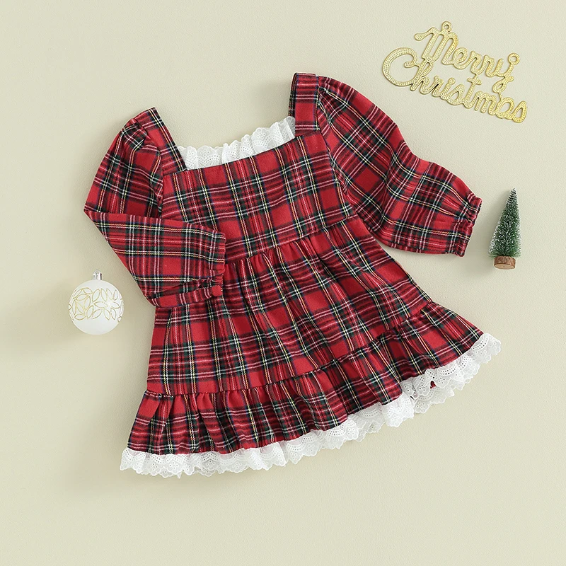 Girls Plaid Lace Trim Square Neck Long Sleeve Dress Autumn Fashion Casual Princess Dress for Kids Fall Outfit