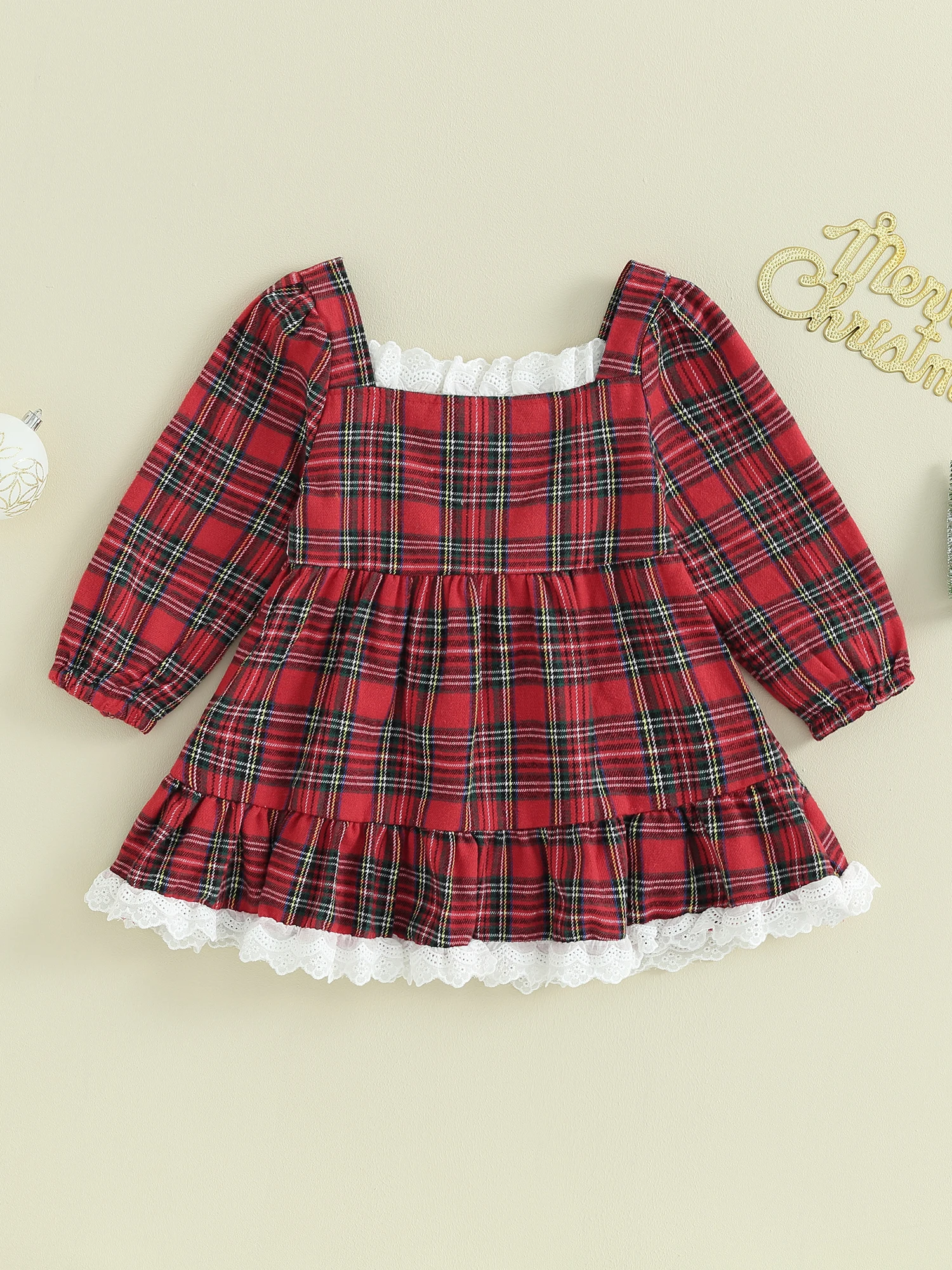 Girls Plaid Lace Trim Square Neck Long Sleeve Dress Autumn Fashion Casual Princess Dress for Kids Fall Outfit