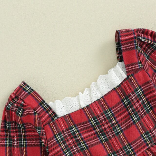 Girls Plaid Lace Trim Square Neck Long Sleeve Dress Autumn Fashion Casual Princess Dress for Kids Fall Outfit - Image 5
