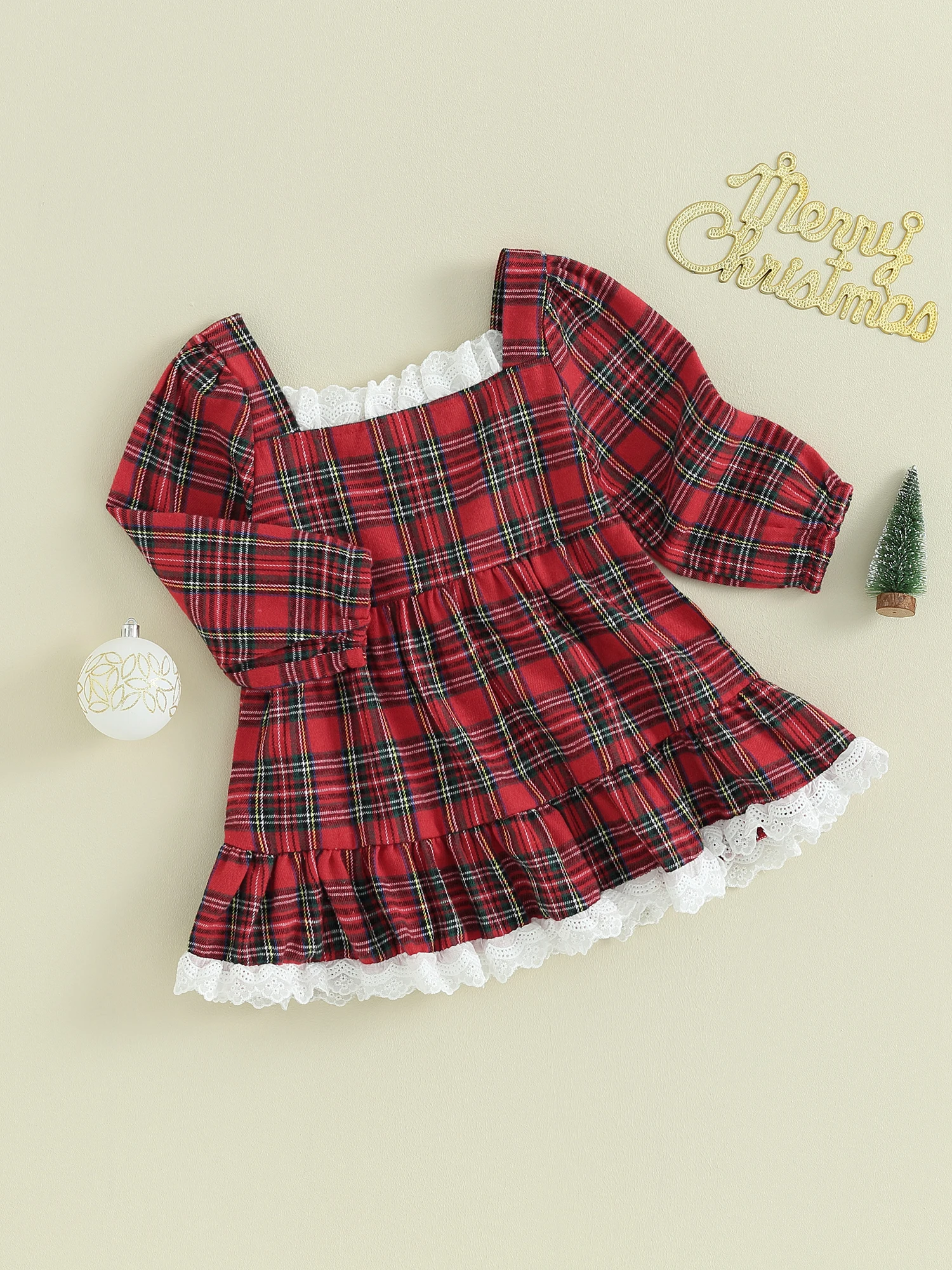 Girls Plaid Lace Trim Square Neck Long Sleeve Dress Autumn Fashion Casual Princess Dress for Kids Fall Outfit