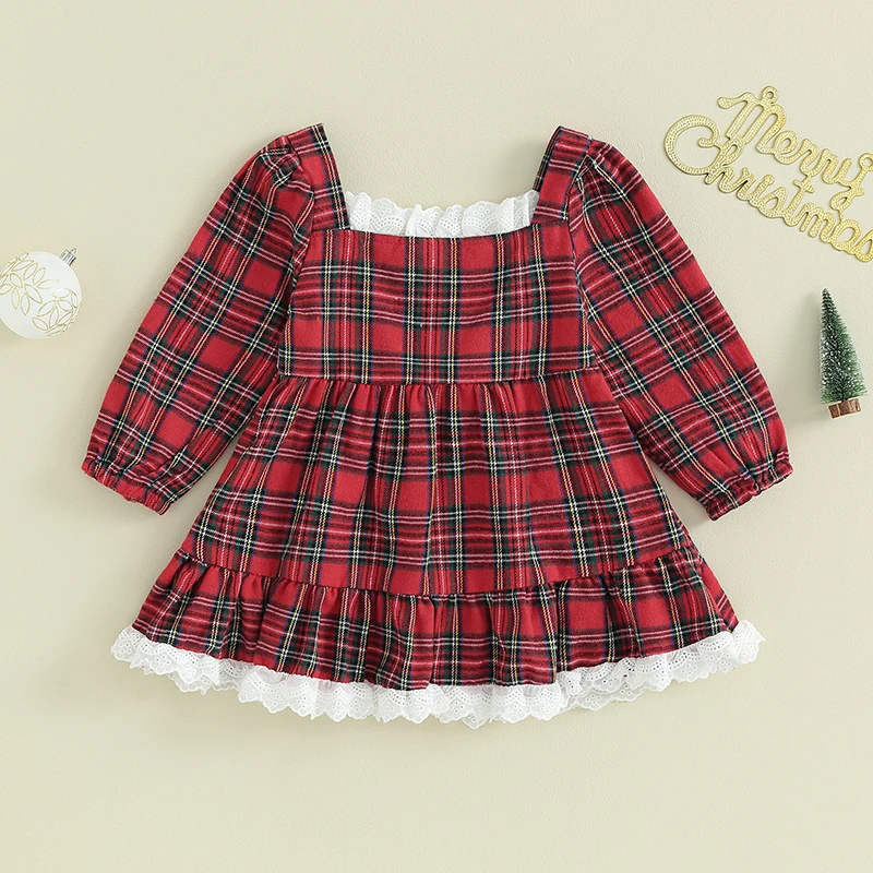 Girls Plaid Lace Trim Square Neck Long Sleeve Dress Autumn Fashion Casual Princess Dress for Kids Fall Outfit