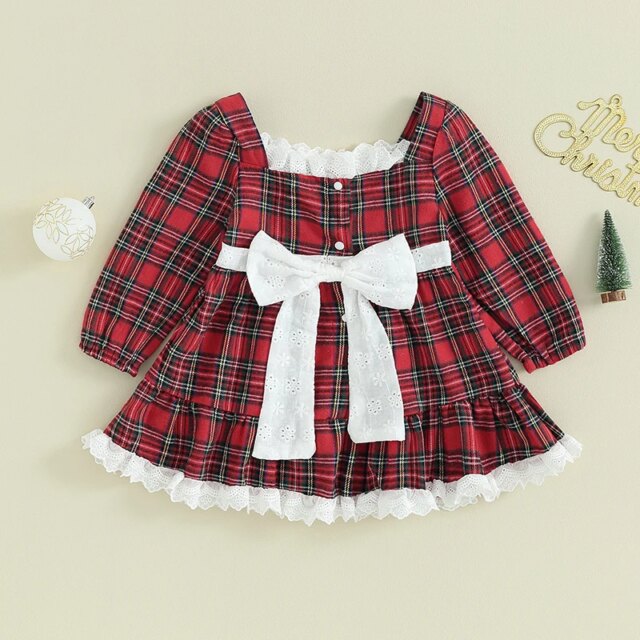 Girls Plaid Lace Trim Square Neck Long Sleeve Dress Autumn Fashion Casual Princess Dress for Kids Fall Outfit - Image 3