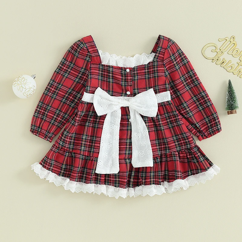 Girls Plaid Lace Trim Square Neck Long Sleeve Dress Autumn Fashion Casual Princess Dress for Kids Fall Outfit