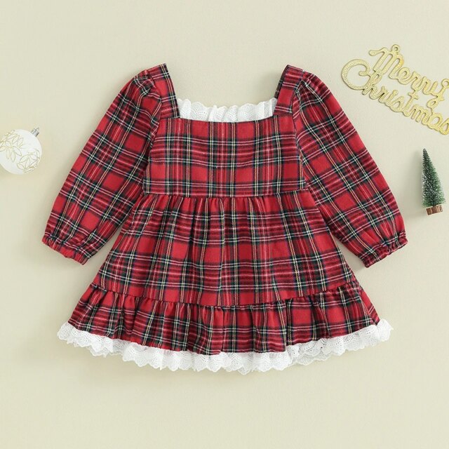 Girls Plaid Lace Trim Square Neck Long Sleeve Dress Autumn Fashion Casual Princess Dress for Kids Fall Outfit - Image 4