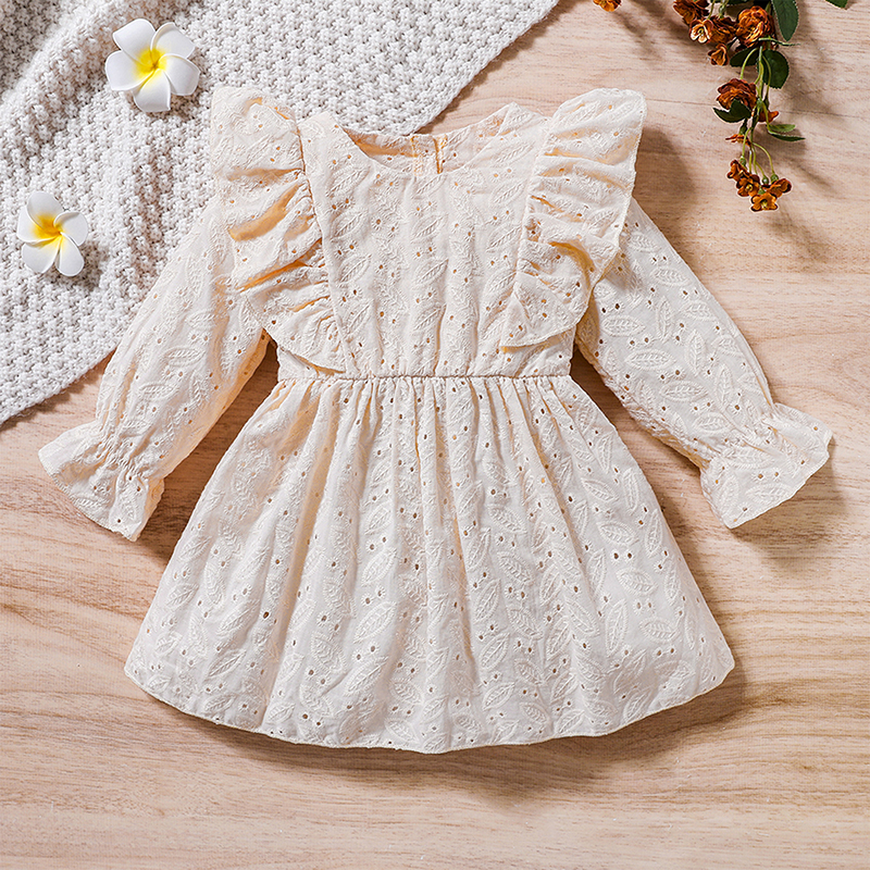 Toddler Girls Lace Cutout Round Neck Ruffles Long Sleeve Dress Spring Autumn Casual Princess A-line Dress with Floral Embroidery