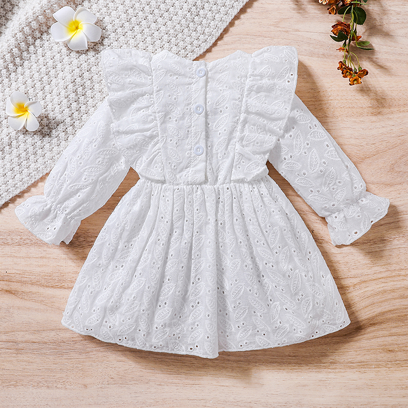 Toddler Girls Lace Cutout Round Neck Ruffles Long Sleeve Dress Spring Autumn Casual Princess A-line Dress with Floral Embroidery