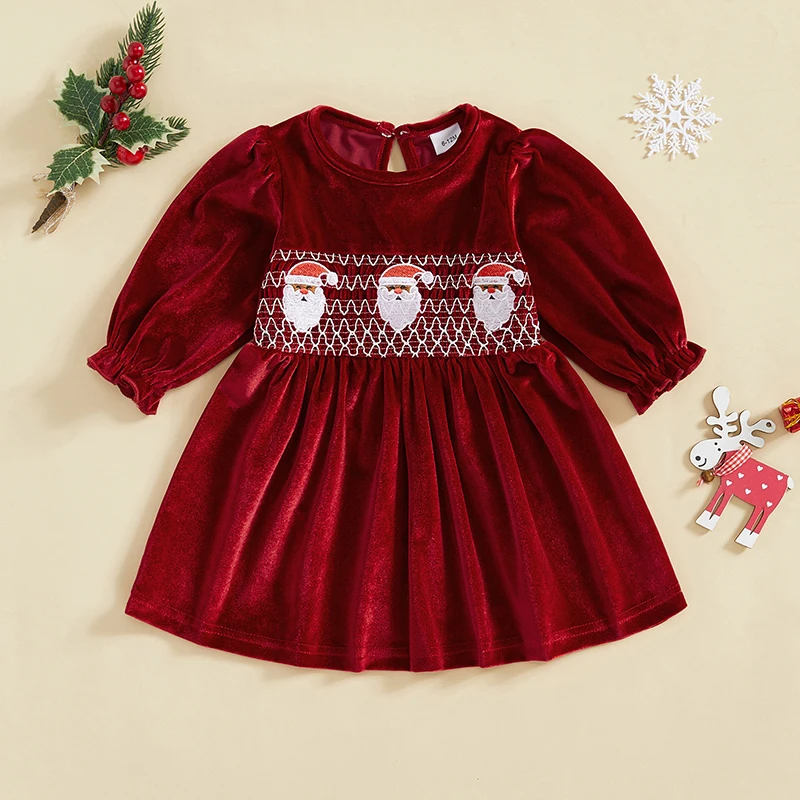 Toddler Girl Christmas Dress Santa Claus Embroidery Round Neck Long Sleeve A-Line Velvet Dress Winter Xmas Photo Shoot 6M-4Y