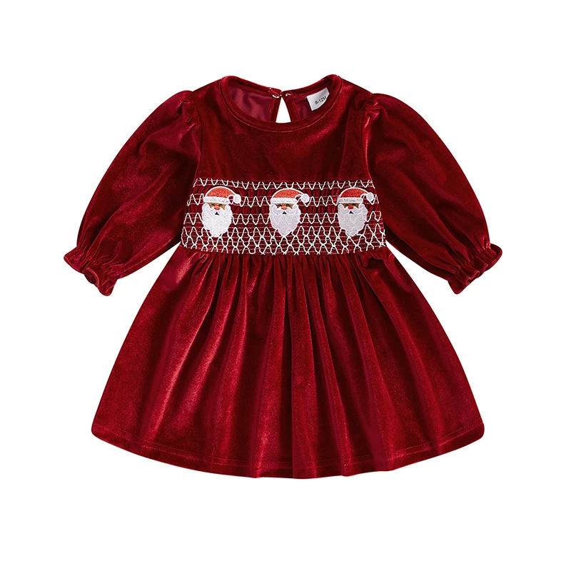 Toddler Girl Christmas Dress Santa Claus Embroidery Round Neck Long Sleeve A-Line Velvet Dress Winter Xmas Photo Shoot 6M-4Y