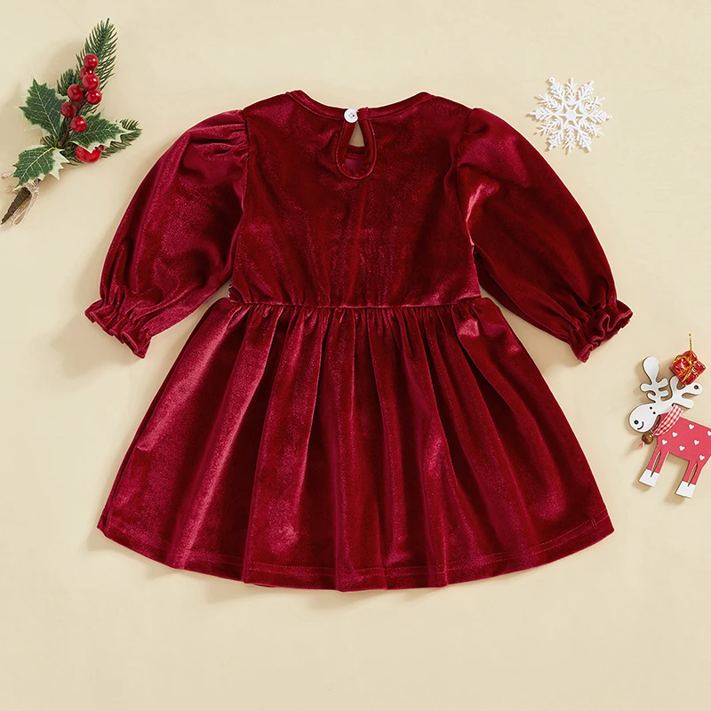 Toddler Girl Christmas Dress Santa Claus Embroidery Round Neck Long Sleeve A-Line Velvet Dress Winter Xmas Photo Shoot 6M-4Y