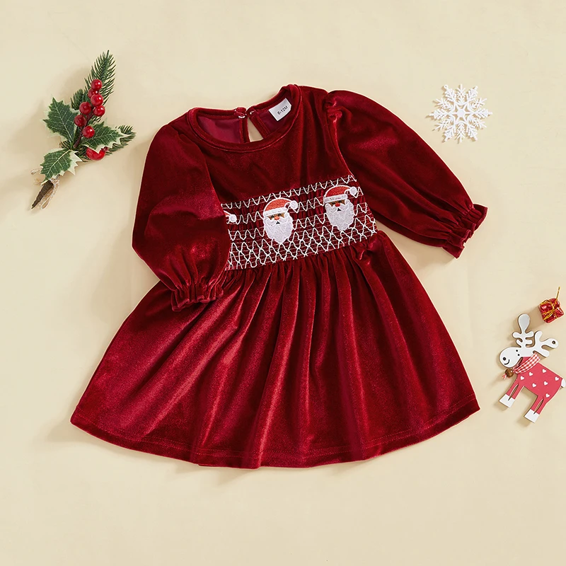 Toddler Girl Christmas Dress Santa Claus Embroidery Round Neck Long Sleeve A-Line Velvet Dress Winter Xmas Photo Shoot 6M-4Y