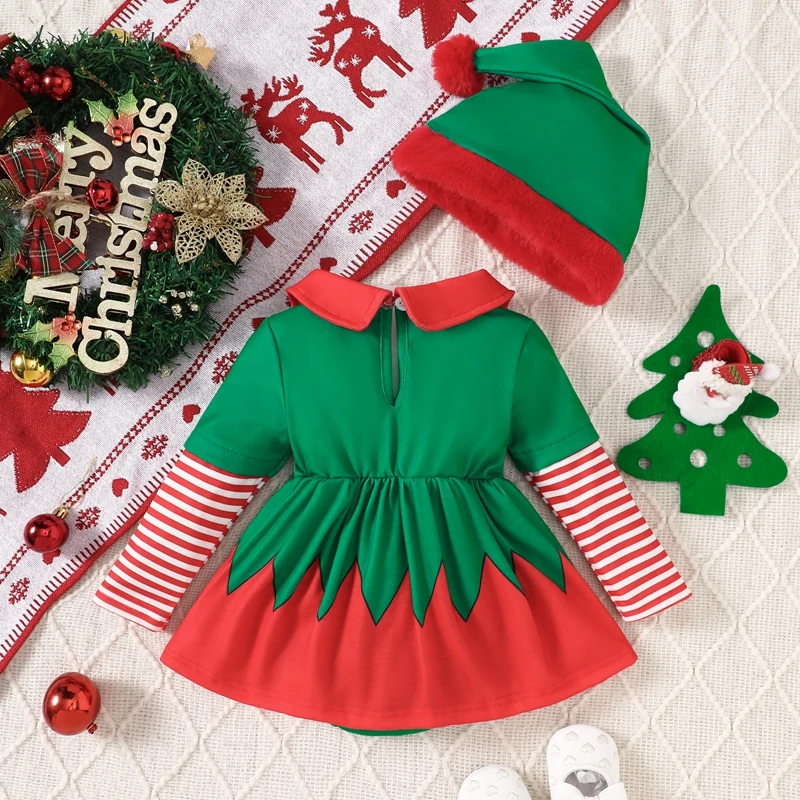 Toddler Girls Santa Claus Costume Set Infant Long Sleeve Velvet Romper Dress with Hat 2 Pcs Christmas Outfit for Baby