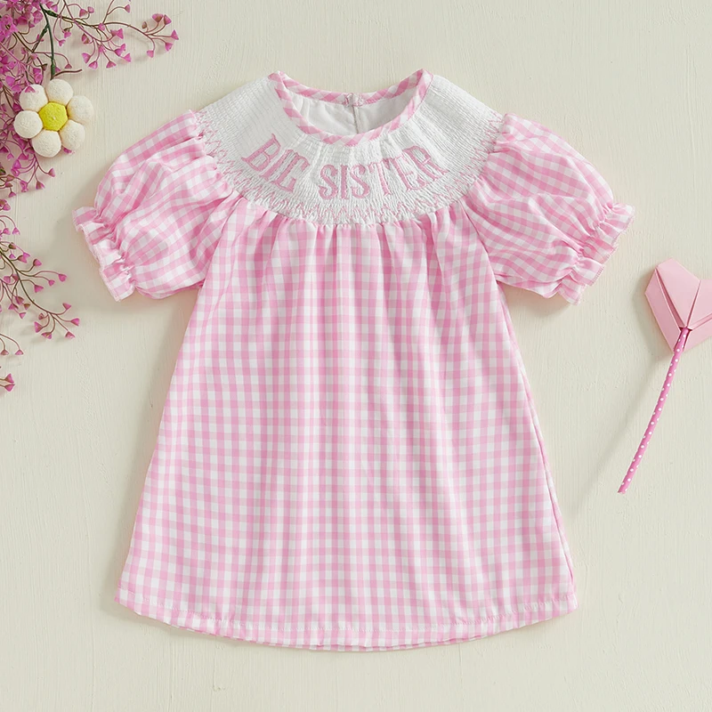 Girls Summer Princess Dress with Short Sleeves Embroidered Letters A-line Design and Plaid Pattern for a Stylish Look