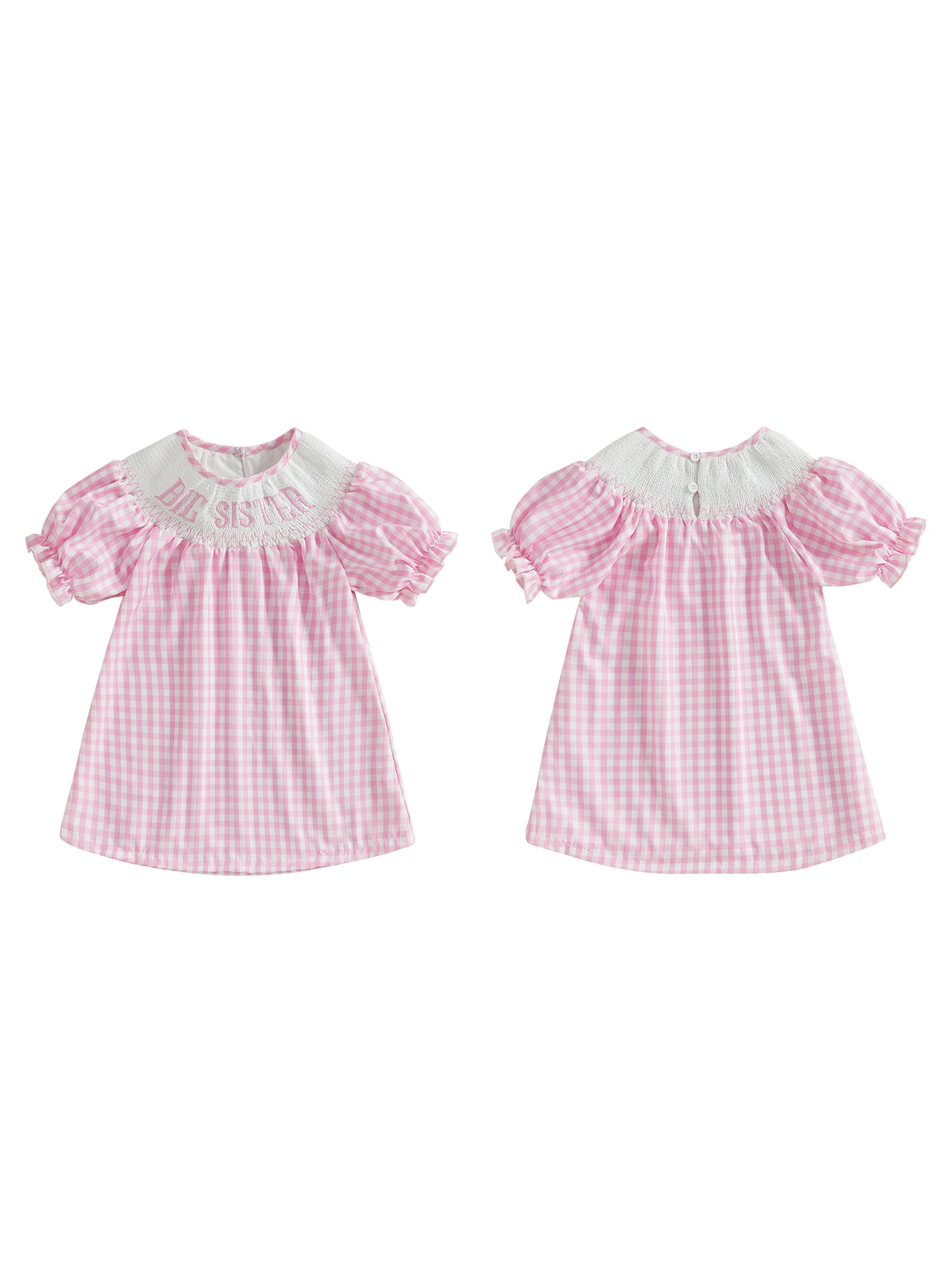 Girls Summer Princess Dress with Short Sleeves Embroidered Letters A-line Design and Plaid Pattern for a Stylish Look