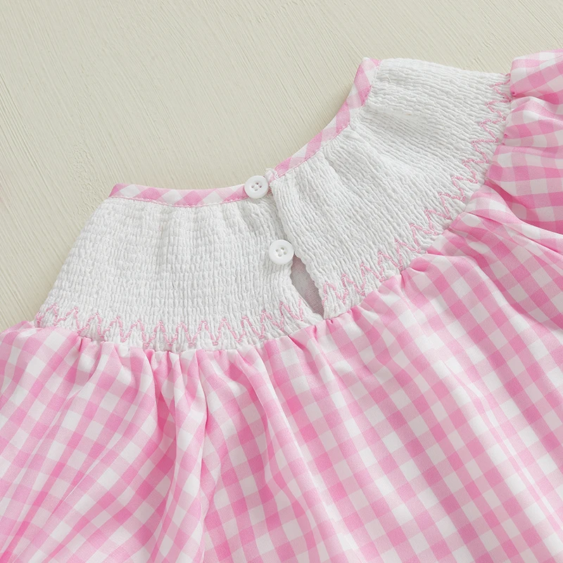 Girls Summer Princess Dress with Short Sleeves Embroidered Letters A-line Design and Plaid Pattern for a Stylish Look