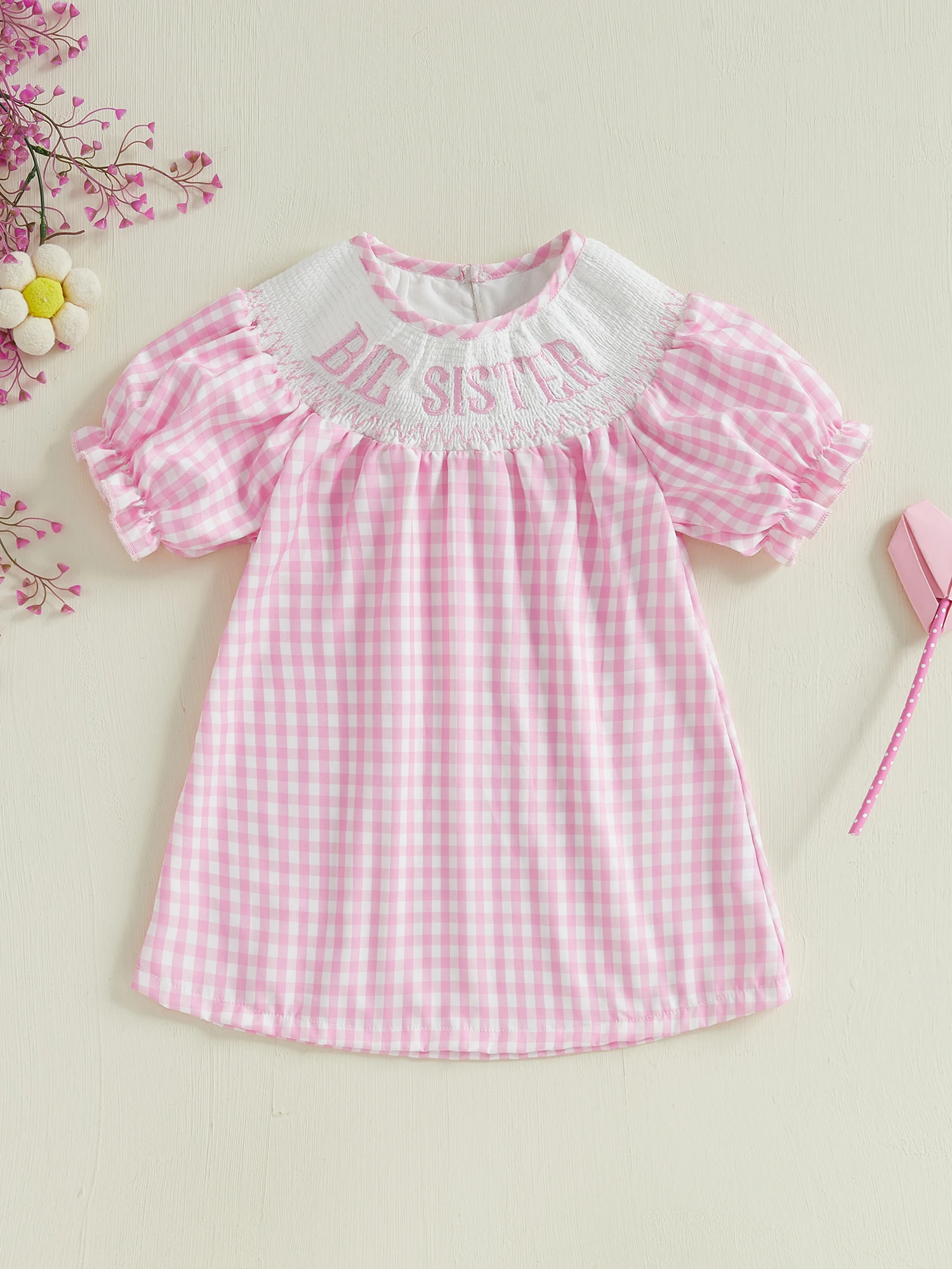 Girls Summer Princess Dress with Short Sleeves Embroidered Letters A-line Design and Plaid Pattern for a Stylish Look