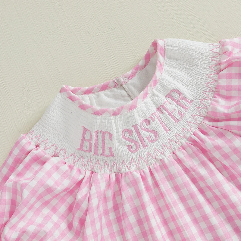 Girls Summer Princess Dress with Short Sleeves Embroidered Letters A-line Design and Plaid Pattern for a Stylish Look