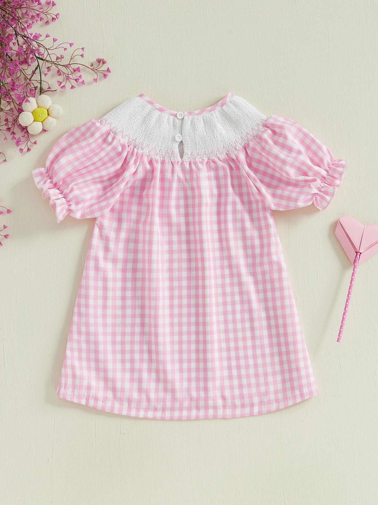 Girls Summer Princess Dress with Short Sleeves Embroidered Letters A-line Design and Plaid Pattern for a Stylish Look