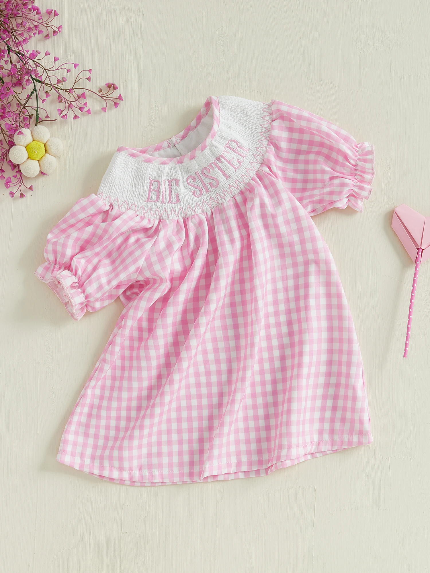 Girls Summer Princess Dress with Short Sleeves Embroidered Letters A-line Design and Plaid Pattern for a Stylish Look